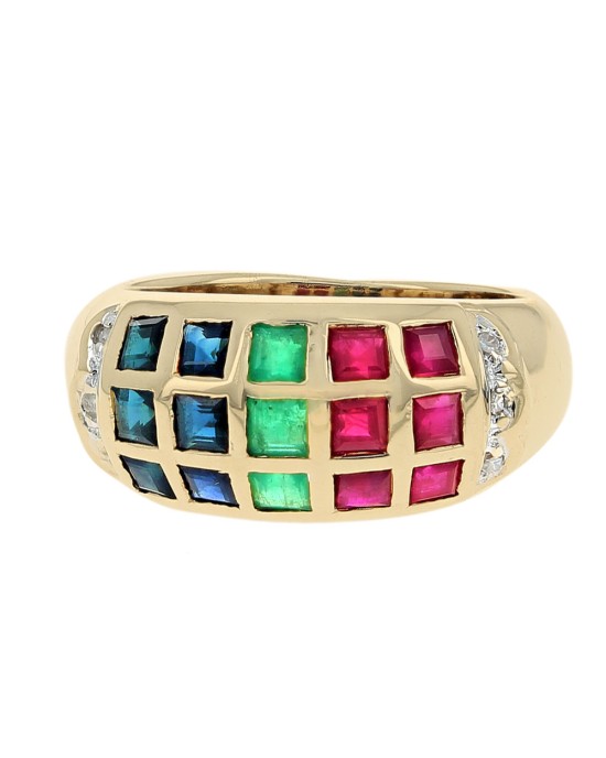 Ruby, Emerald, Blue Sapphire, and Diamond Accent Ring in Yellow Gold